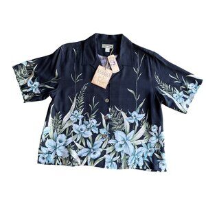 Tommy Bahama Womens Silk Hawaiian Floral Crop Shirt Black/Blue Size S
